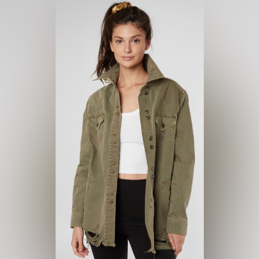 Free People Moonchild Denim‎ Utility Military Cargo Jacket